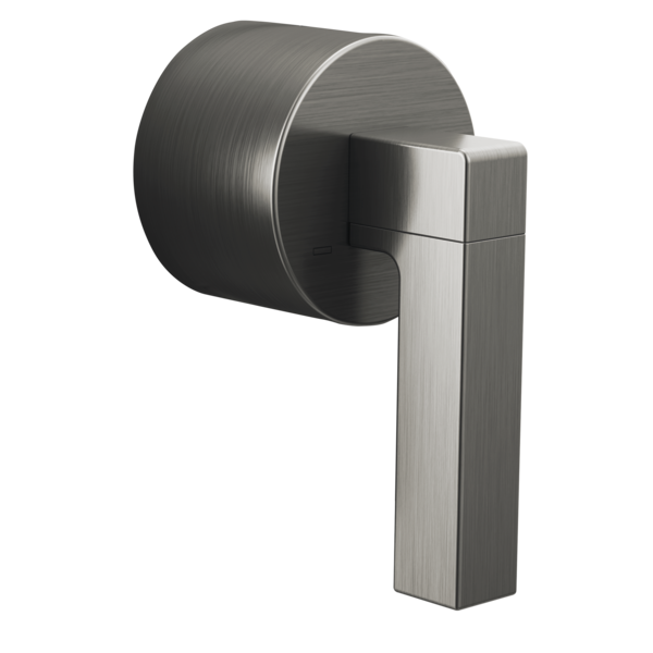 Brushed nickel lever handle with cylindrical rosette for thermostatic valve trim kit.
