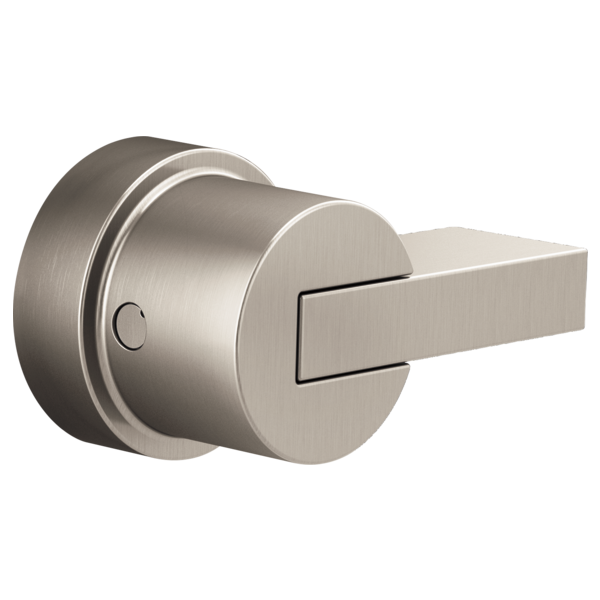 Brushed nickel thermostatic valve trim with cylindrical body and rectangular lever handle.