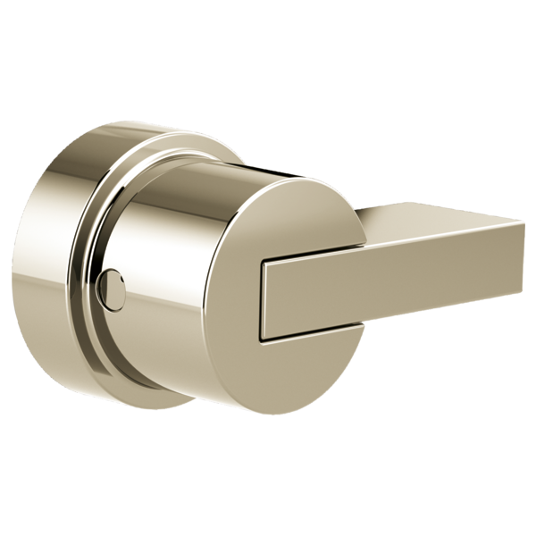 Brushed nickel thermostatic valve trim with cylindrical body and rectangular lever handle.