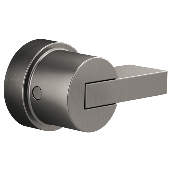 Brushed nickel thermostatic valve trim with cylindrical body and lever handle extending to the right.