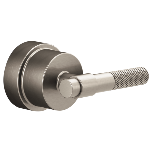 Brushed nickel thermostatic valve trim with T-lever handle and circular trim ring.