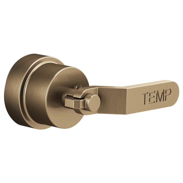 Brushed nickel thermostatic valve trim with rectangular lever handle labeled "TEMP" and circular backplate.