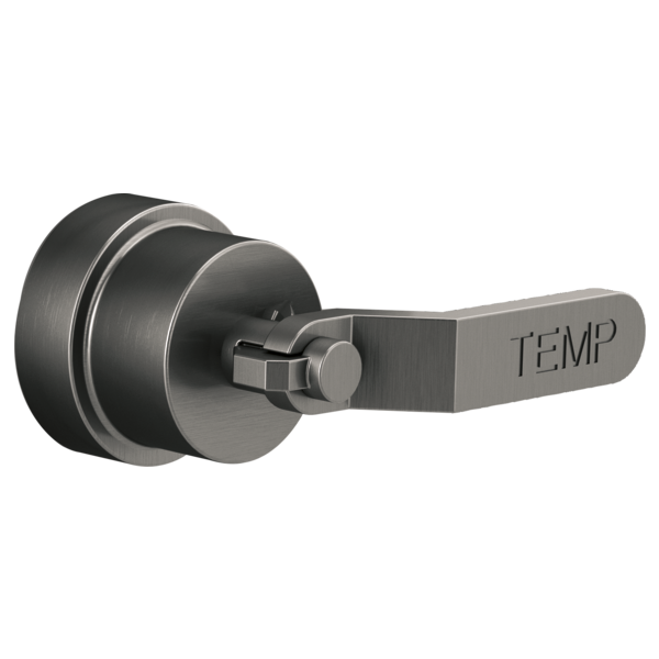 Brizo Litze thermostatic valve trim with industrial lever handle labeled "TEMP" in brushed metal finish.