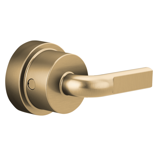Brushed gold thermostatic valve trim with notch lever handle and circular escutcheon plate.