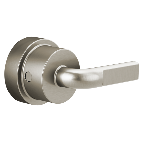 Brushed nickel thermostatic valve trim with notch lever handle and circular escutcheon plate.