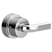 Chrome thermostatic valve trim with notch lever handle and circular mounting plate.