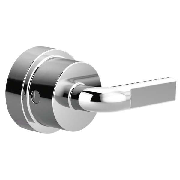 Chrome thermostatic valve trim with notch lever handle and circular mounting plate.