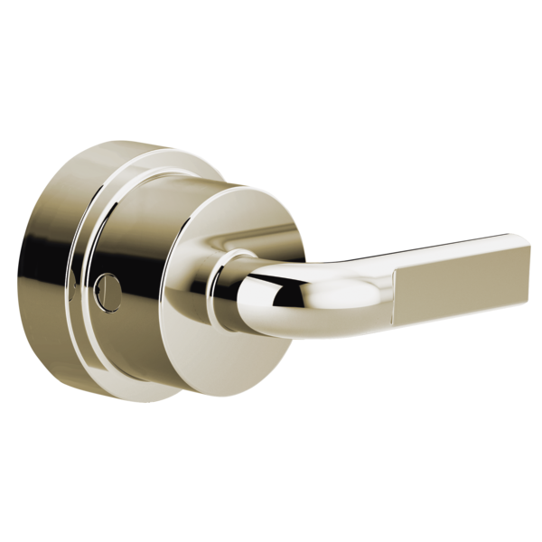 Brushed nickel thermostatic valve trim with notch lever handle and decorative rosette escutcheon.