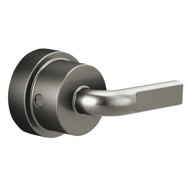 Brushed nickel thermostatic valve trim with notch lever handle and circular trim ring.