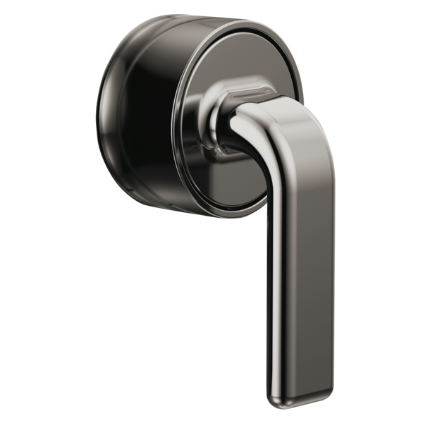 Chrome and black thermostatic valve trim with twist lever handle and circular escutcheon plate.