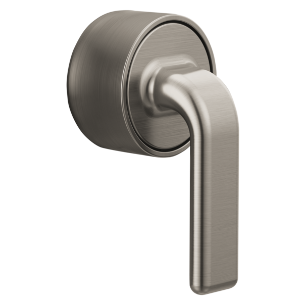 Brushed nickel thermostatic valve trim with cylindrical escutcheon and lever handle in twisted grip style.