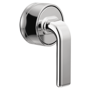 Chrome thermostatic valve trim with cylindrical escutcheon and elongated twist lever handle.