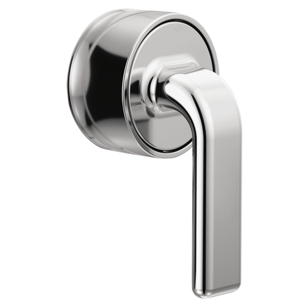 Chrome thermostatic valve trim with cylindrical escutcheon and elongated twist lever handle.