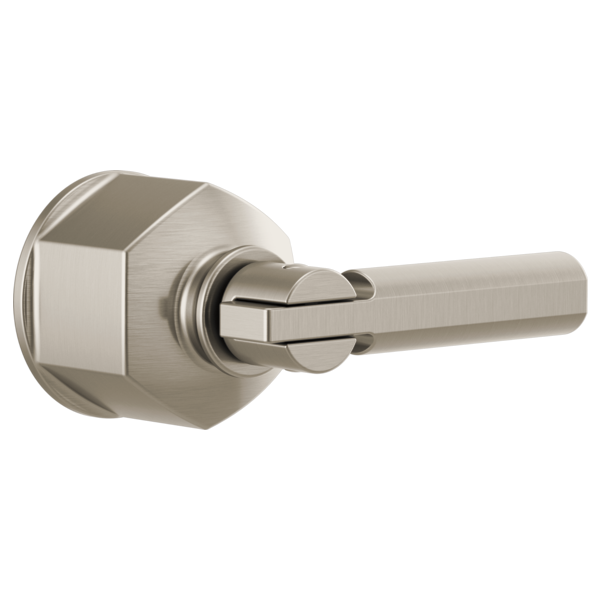 Brushed nickel thermostatic valve trim with hexagonal escutcheon plate and single lever handle.