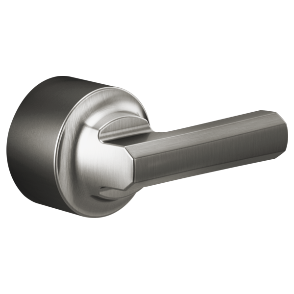 Brushed nickel lever handle with cylindrical escutcheon for thermostatic valve trim.