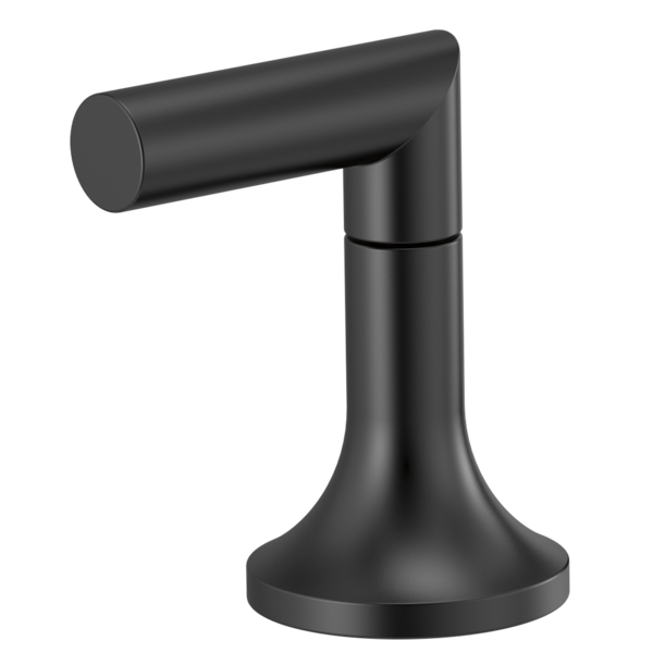 Matte black cylindrical lever handle with tapered pedestal base and angled spout for Roman tub installation.