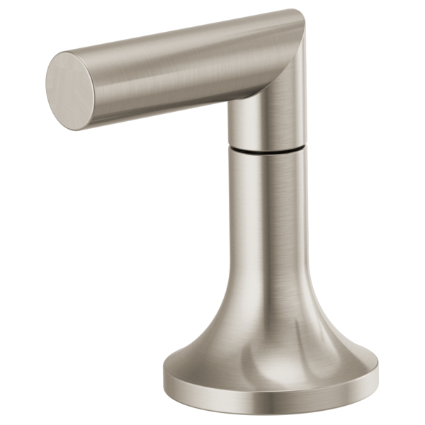 Brushed nickel roman tub lever handle with cylindrical spout and pedestal base.