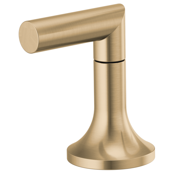 Brushed gold lever handle with cylindrical spout and circular base for Roman tub faucet installation.
