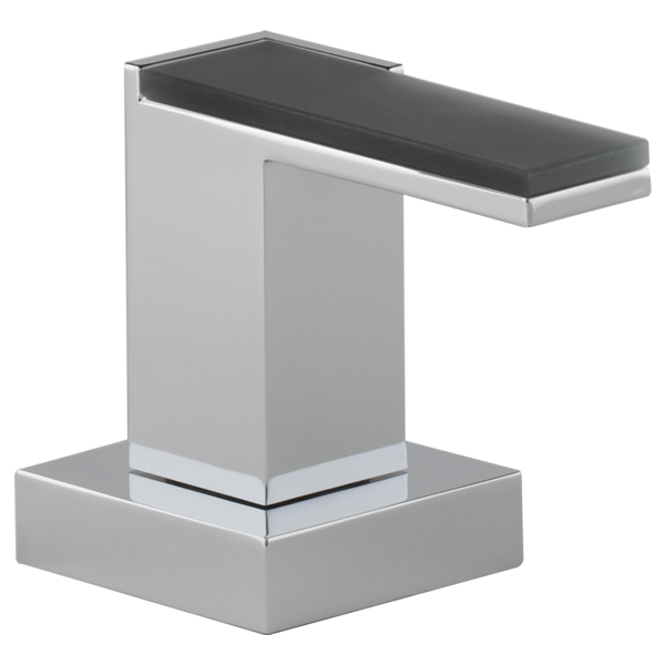 Chrome and black glass Roman tub faucet with angular lever handle and rectangular spout.