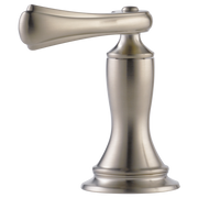 Brushed nickel Roman tub faucet with single curved lever handle and pedestal base.