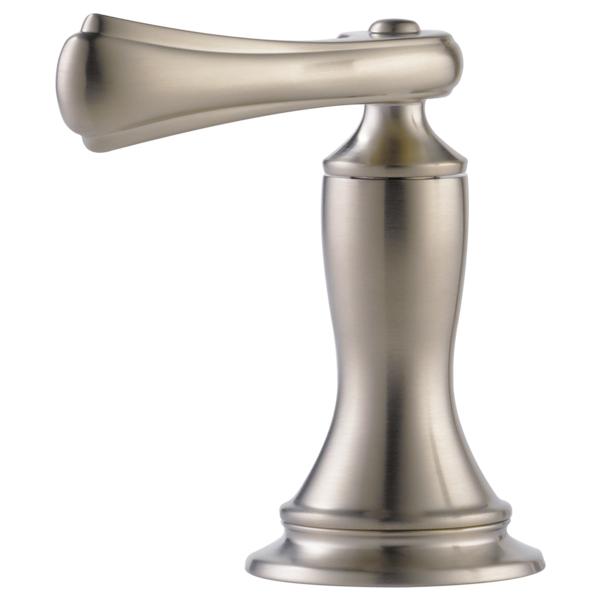 Brushed nickel Roman tub faucet with single curved lever handle and pedestal base.