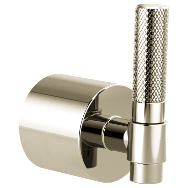 Polished nickel floor mount tub filler with single T-lever handle and cylindrical spout with crosshatch pattern.