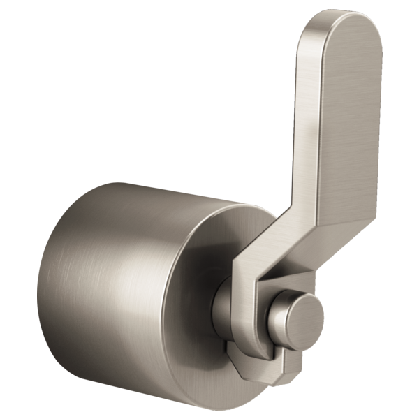 Brushed nickel floor mount tub filler with single lever handle and cylindrical spout.