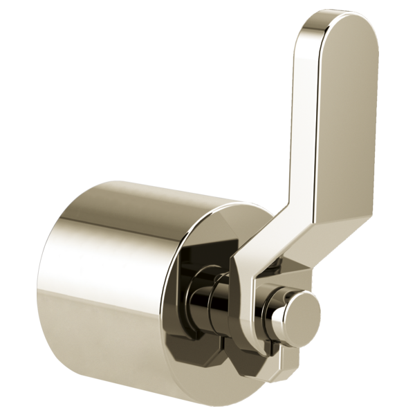 Polished nickel floor-mount tub filler with industrial lever handle and curved spout.