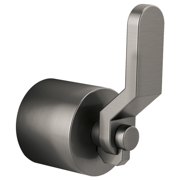 Brushed nickel floor-mount tub filler with industrial lever handle and cylindrical spout.