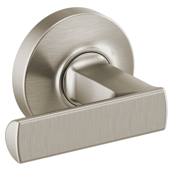 Brushed nickel lever handle with circular mounting plate for wall-mounted tub filler.