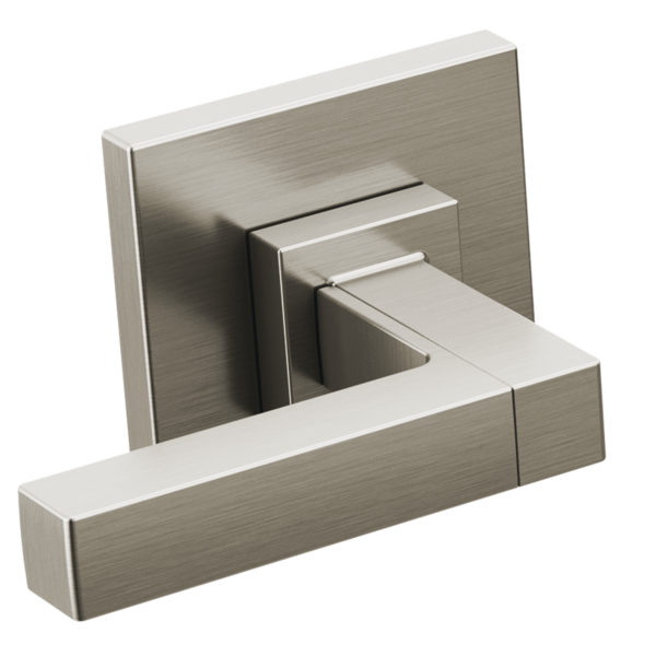 Brushed nickel wall-mount tub filler with two lever handles and geometric square design.