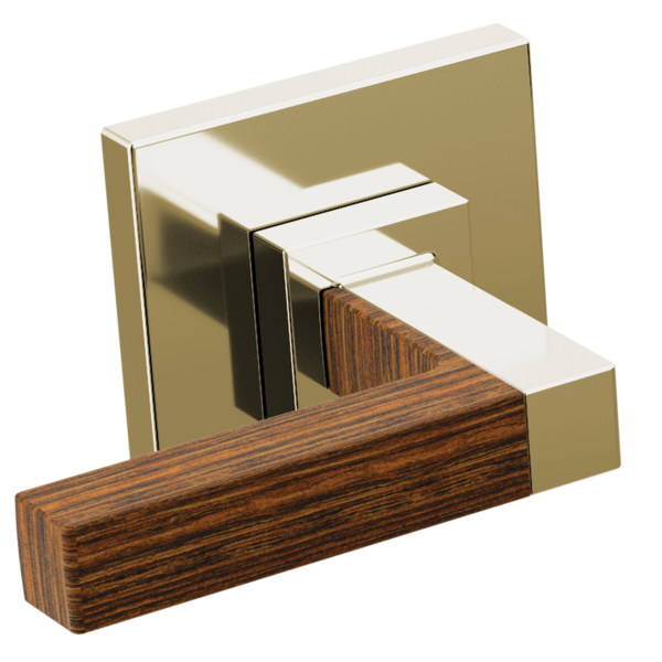 Brass and wood wall-mount tub filler with two lever handles in geometric Frank Lloyd Wright design.