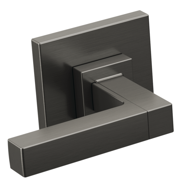 Two-handle wall mount tub filler with lever handles in brushed black and stainless steel finish.