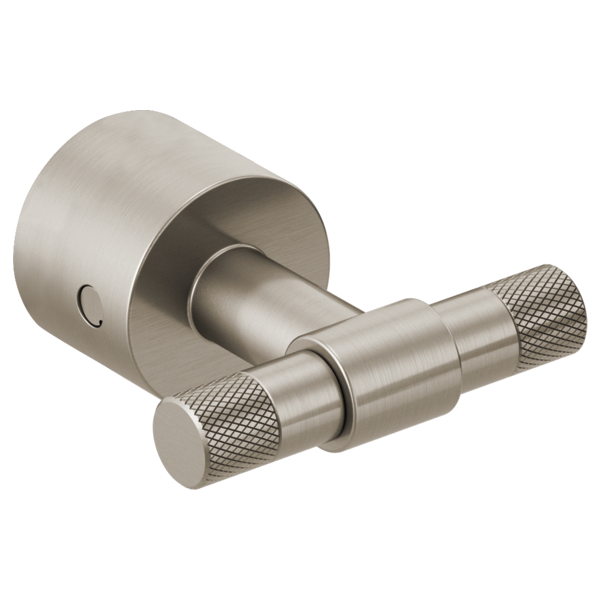 Brushed nickel wall-mount tub filler with two knurled T-lever handles and cylindrical escutcheon plate.