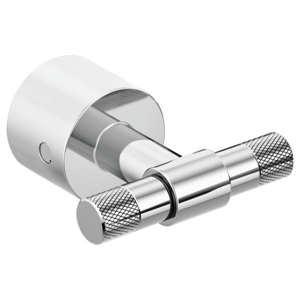 Polished chrome wall-mounted tub filler with two knurled T-lever handles and cylindrical mounting bracket.