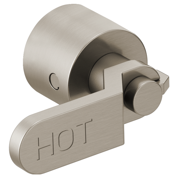 Brushed nickel wall-mount tub filler with two industrial lever handles and hot/cold indicator markings.
