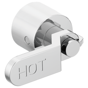 Chrome wall-mounted tub filler with two industrial lever handles and hot water indicator plate.