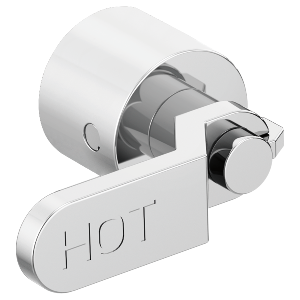Chrome wall-mounted tub filler with two industrial lever handles and hot water indicator plate.