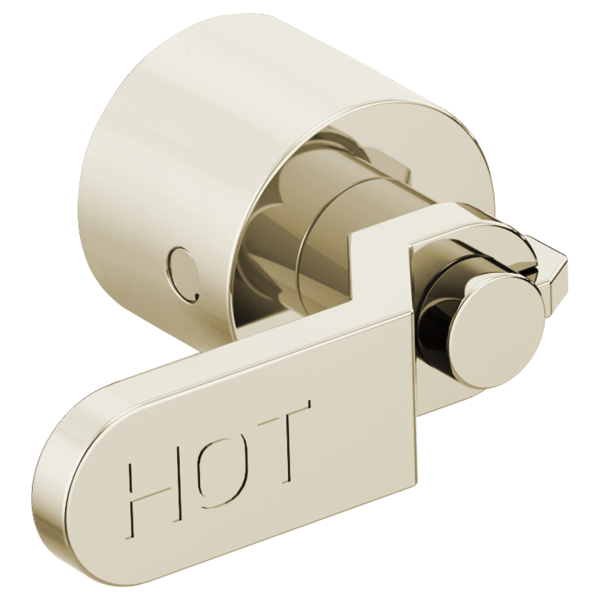 Chrome wall-mounted tub filler with two industrial lever handles and hot water indicator label.