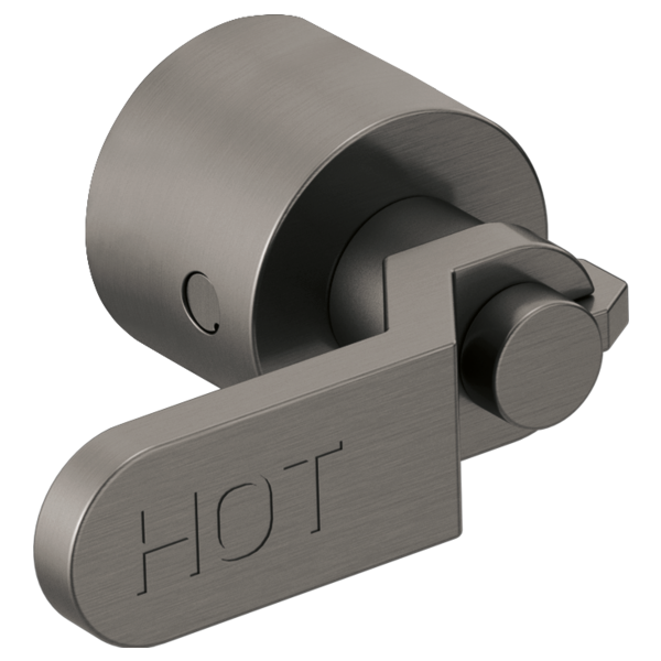 Brushed nickel wall-mount tub filler with two industrial lever handles and hot water indicator label.