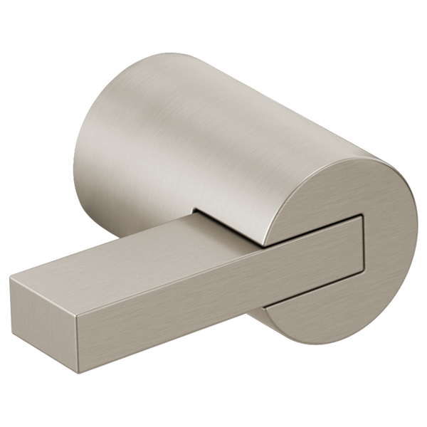 Brushed nickel wall-mounted tub filler with two extended lever handles and curved spout.