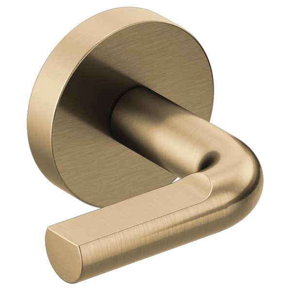 Brushed gold wall-mounted tub filler with two cylindrical lever handles and round escutcheon plate.