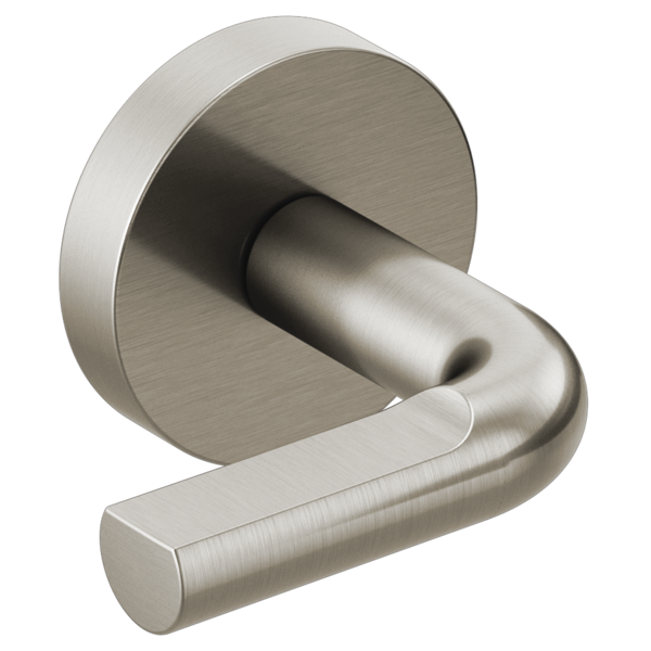 Brushed nickel wall-mount tub filler with two cylindrical notch lever handles and round trim ring.