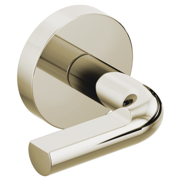 Brushed nickel wall-mount tub filler with white notch lever handle and round trim ring.