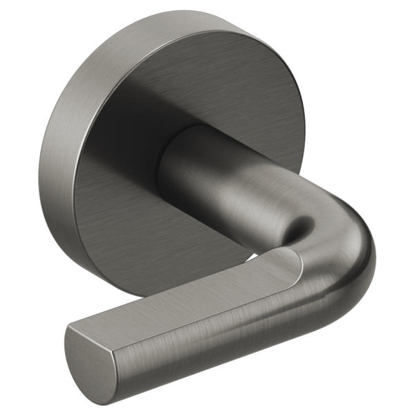 Brushed stainless steel wall-mount tub filler with two notch lever handles and curved spout.