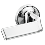 Chrome wall-mount tub filler with two twist lever handles and curved spout.