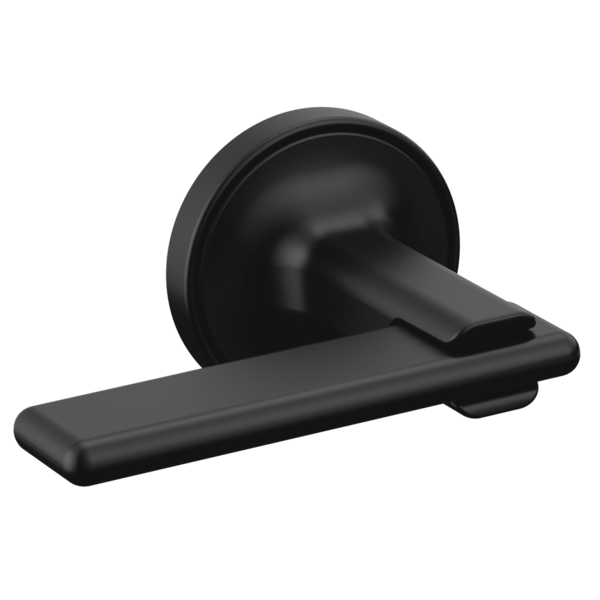 Black wall-mount tub filler lever handle with circular escutcheon and spout outlet.