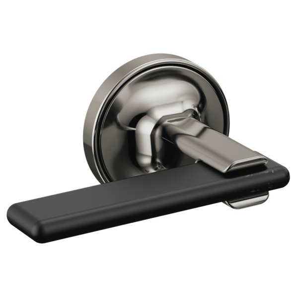 Chrome wall-mount tub filler with black lever handle and spout outlet.