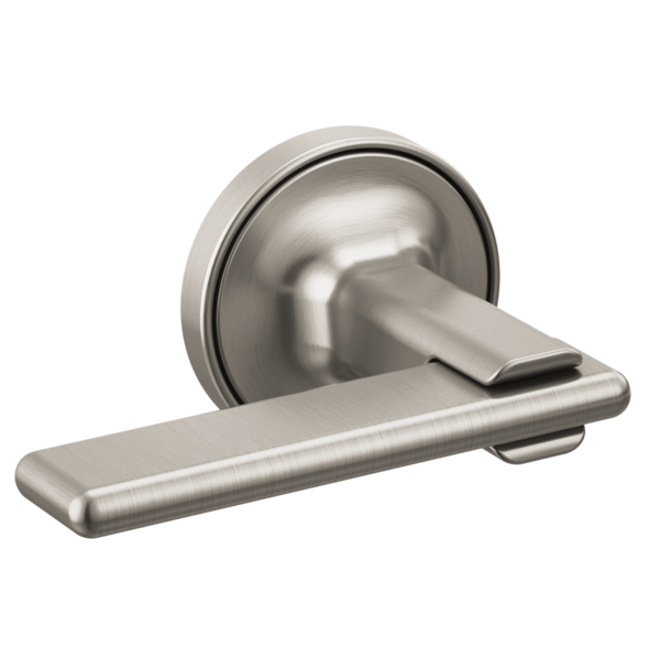 Brushed nickel wall-mounted lever handle with circular escutcheon plate for tub filler.