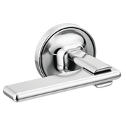Chrome wall-mount tub filler with two lever handles and spout against white background.